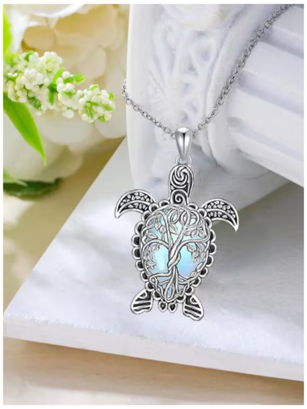 Sea Turtle Tree of Life Moonstone Necklace – 925 Sterling Silver